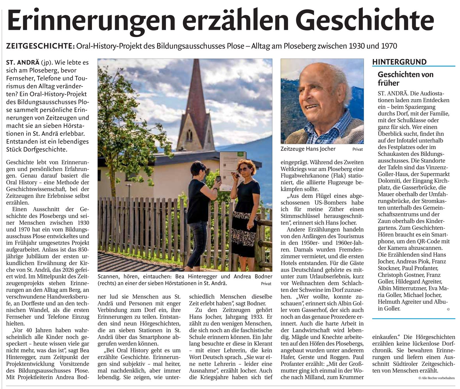 Erinnerungen erzählen Geschichte – Oral History Ploseberg, Dolomiten