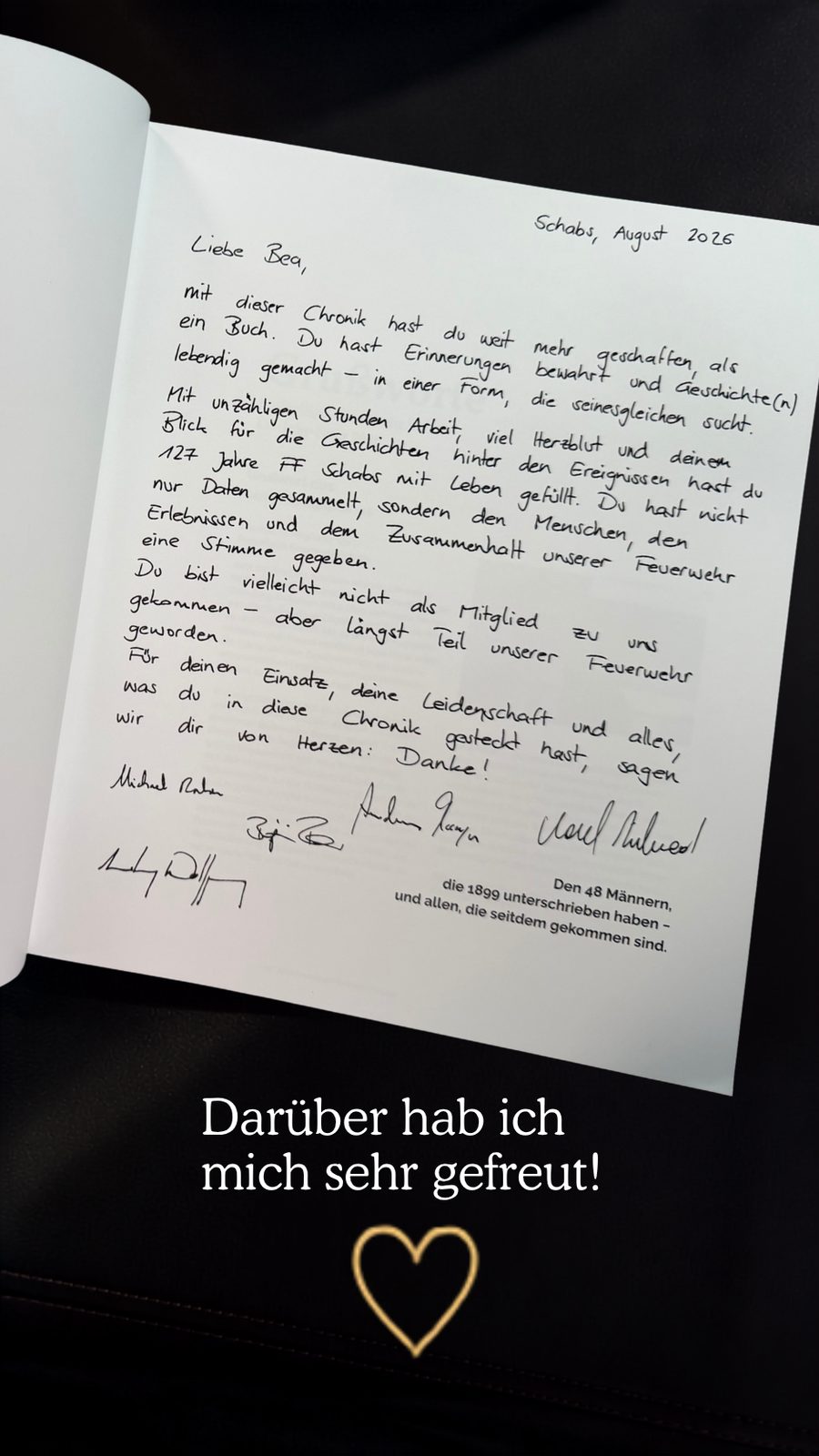 Handgeschriebene Widmung der Freiwilligen Feuerwehr Schabs an Bea Hinteregger, August 2026