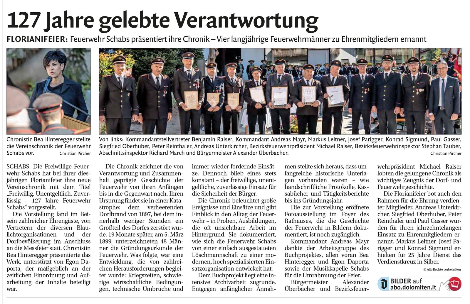 127 Jahre gelebte Verantwortung – Florianifeier FF Schabs